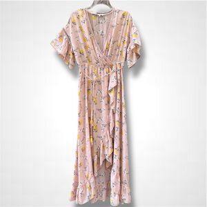 ASOS Moon River Pink Yellow Floral Faux Wrap Hi-Low Dress Flutter Sleeve Medium